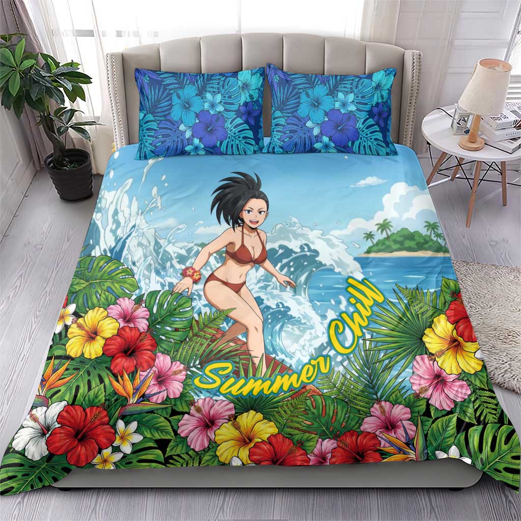 Momo Yaoyorozu Summer Chill Bedding Set Tropical Anime Surf Adventure