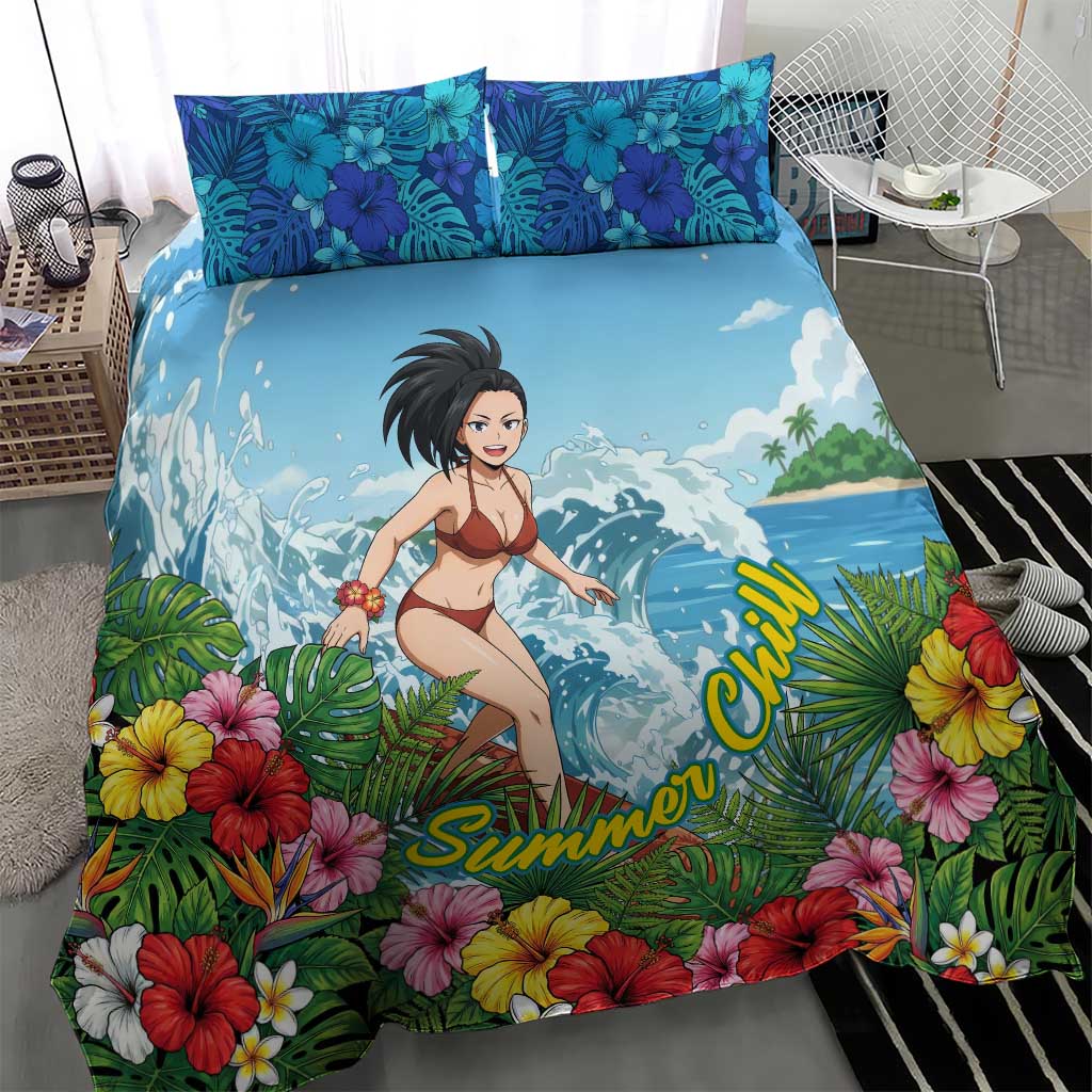 Momo Yaoyorozu Summer Chill Bedding Set Tropical Anime Surf Adventure