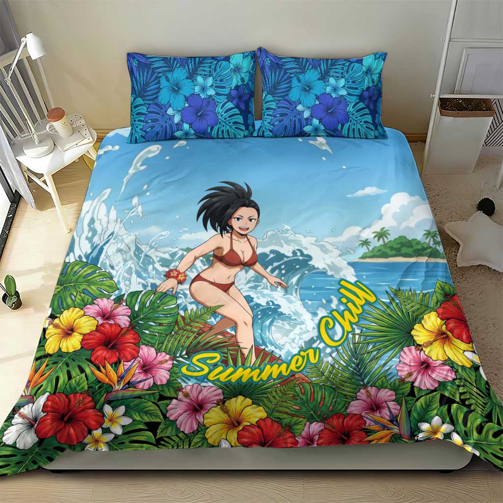 Momo Yaoyorozu Summer Chill Bedding Set Tropical Anime Surf Adventure