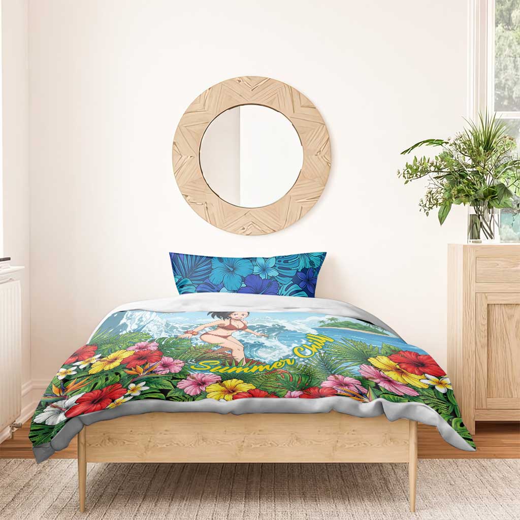 Momo Yaoyorozu Summer Chill Bedding Set Tropical Anime Surf Adventure