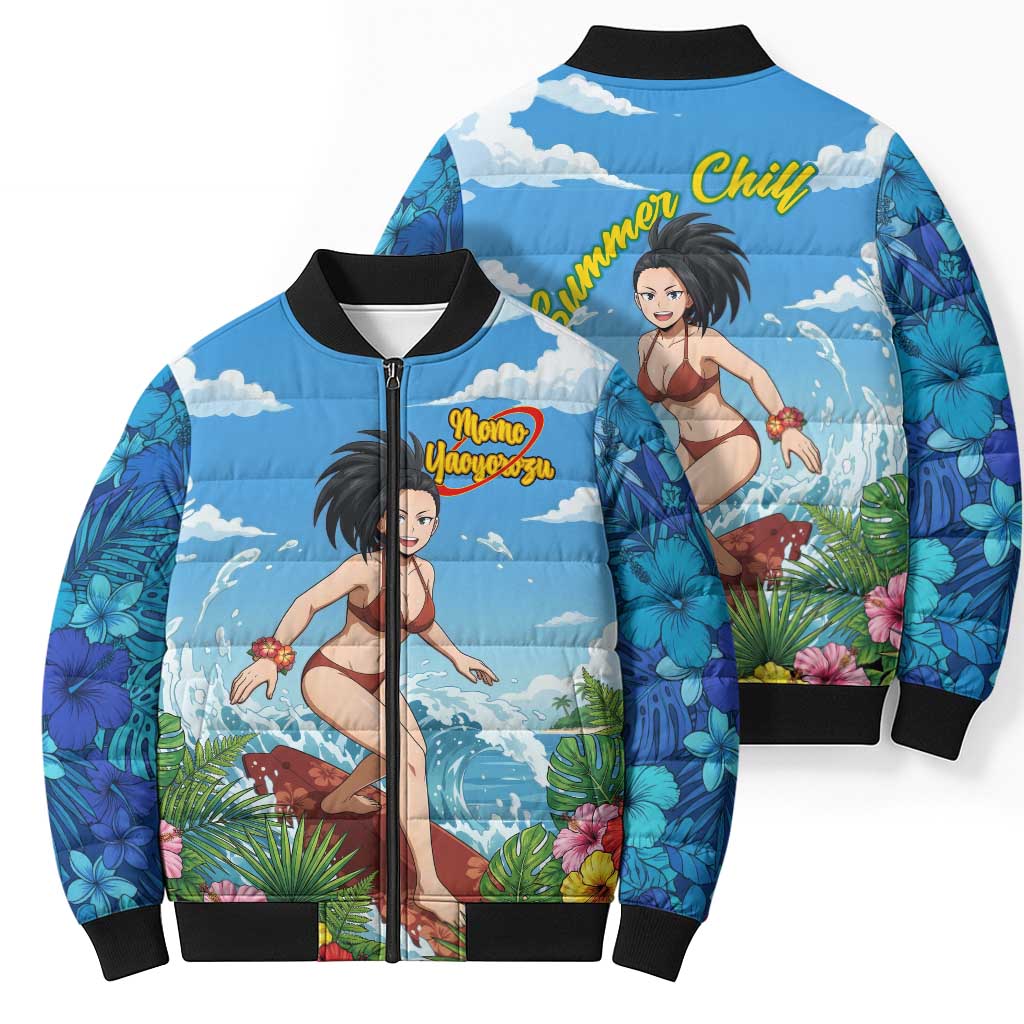 Momo Yaoyorozu Summer Chill Bomber Puffer Jacket Tropical Anime Surf Adventure