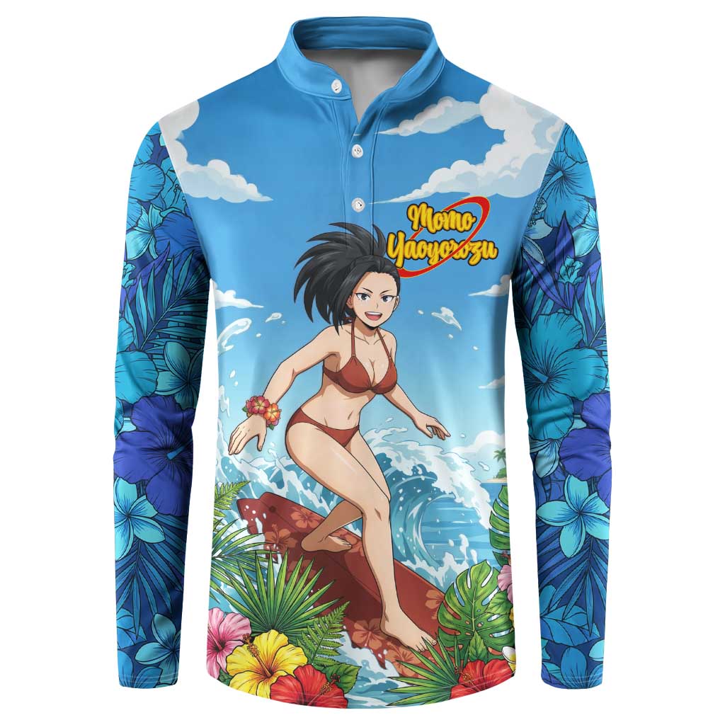 Momo Yaoyorozu Summer Chill Button Sweatshirt Tropical Anime Surf Adventure