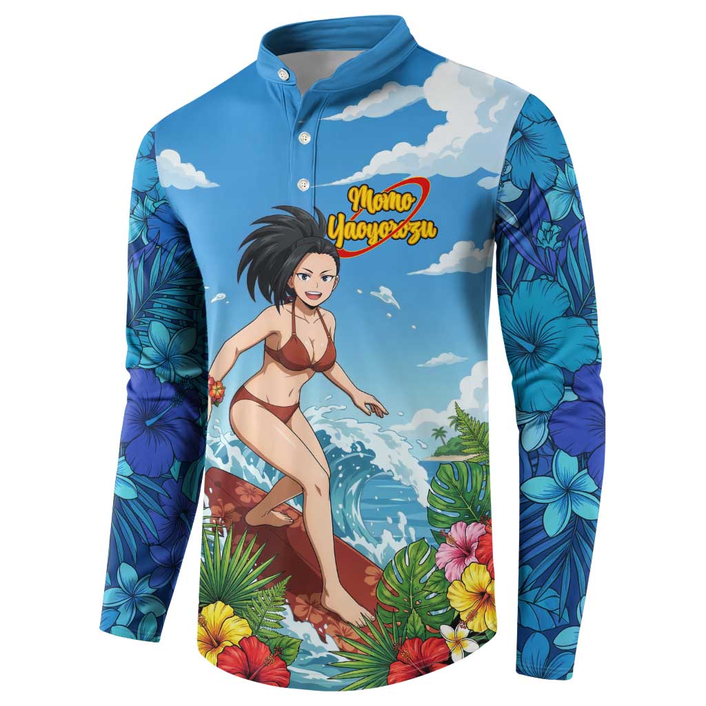 Momo Yaoyorozu Summer Chill Button Sweatshirt Tropical Anime Surf Adventure