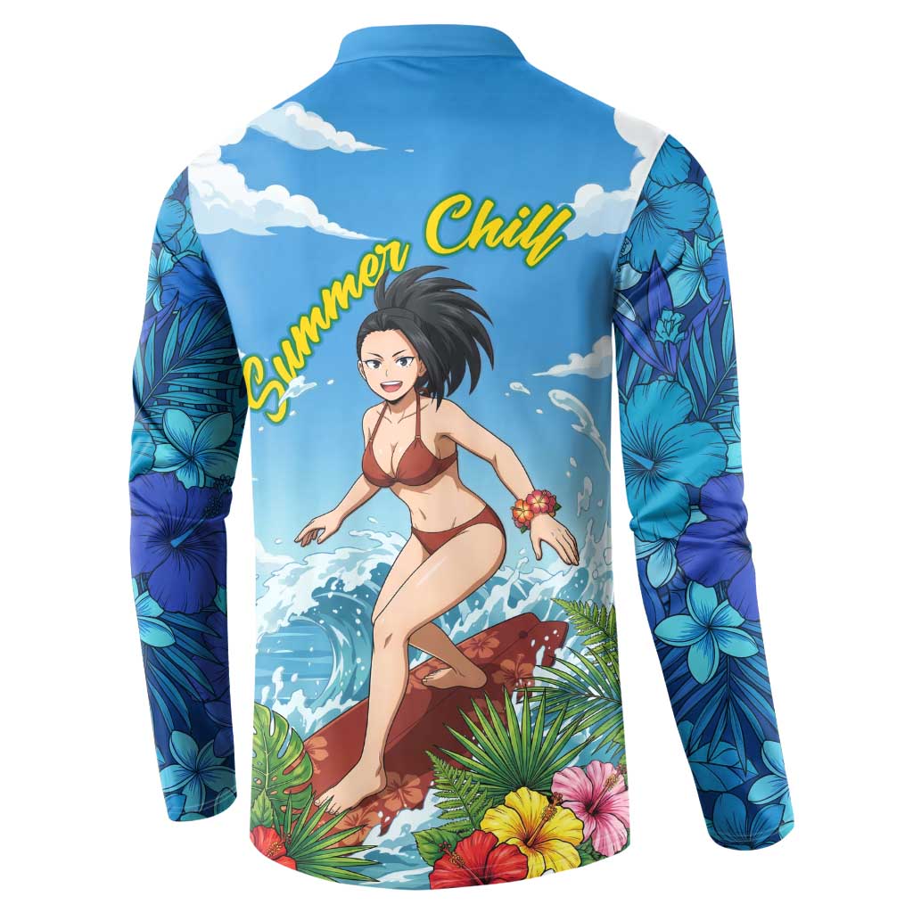 Momo Yaoyorozu Summer Chill Button Sweatshirt Tropical Anime Surf Adventure