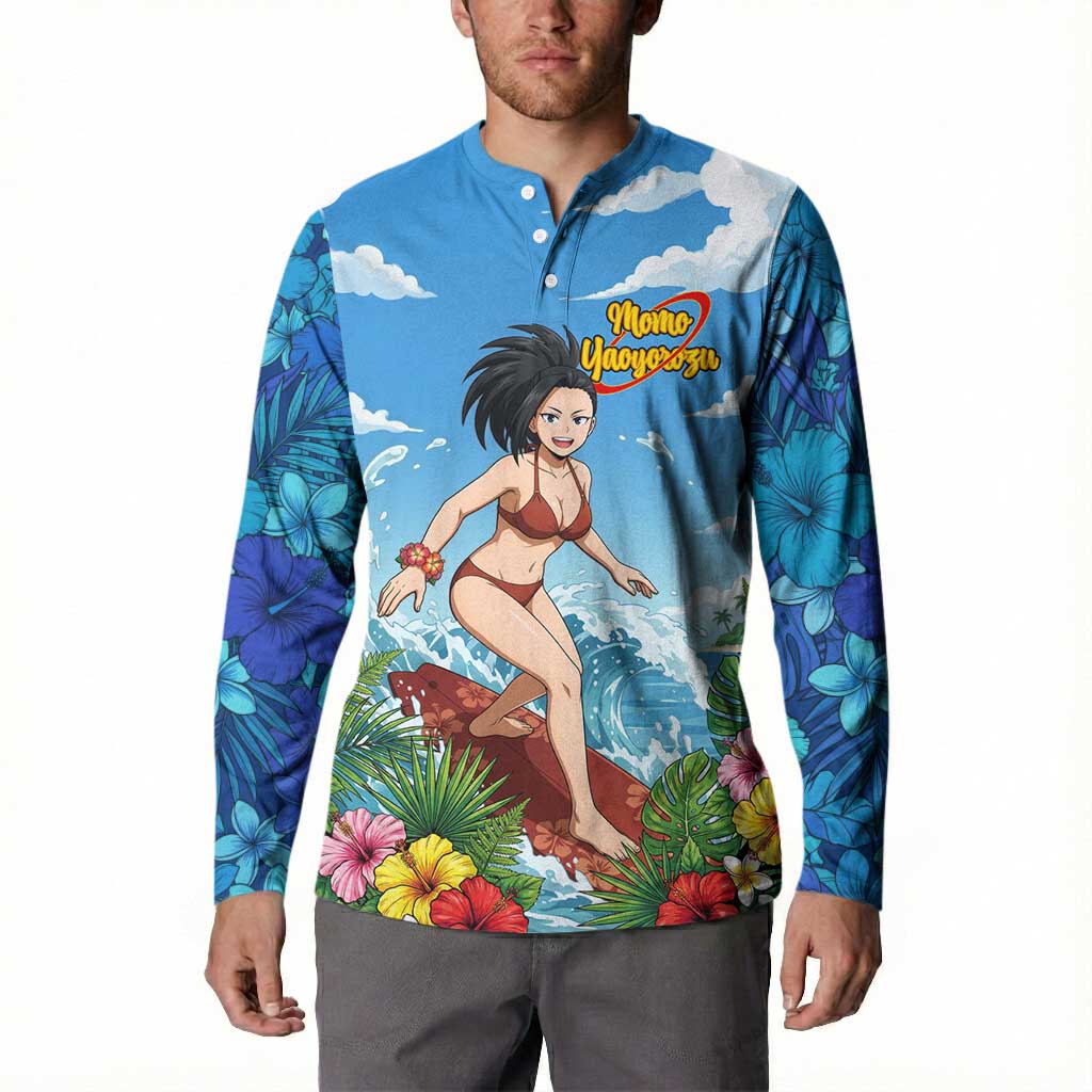 Momo Yaoyorozu Summer Chill Button Sweatshirt Tropical Anime Surf Adventure