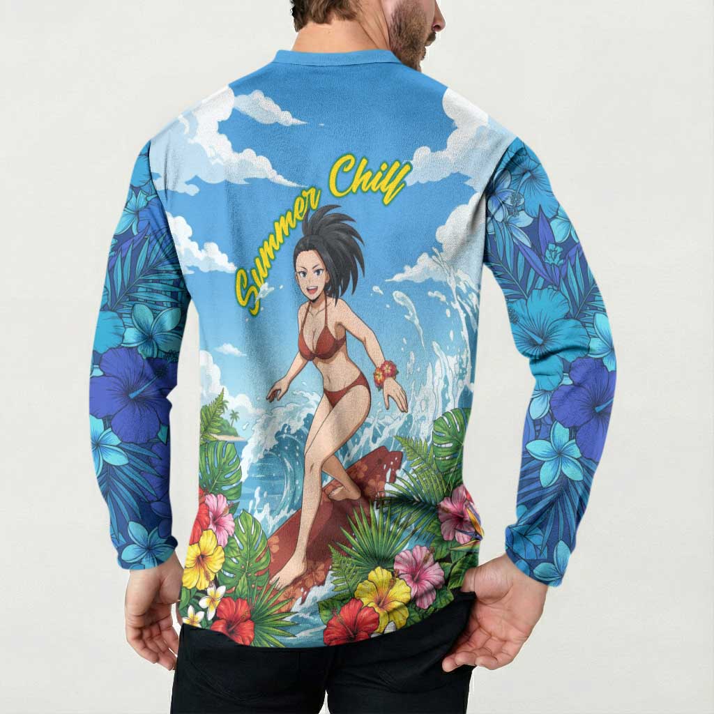Momo Yaoyorozu Summer Chill Button Sweatshirt Tropical Anime Surf Adventure