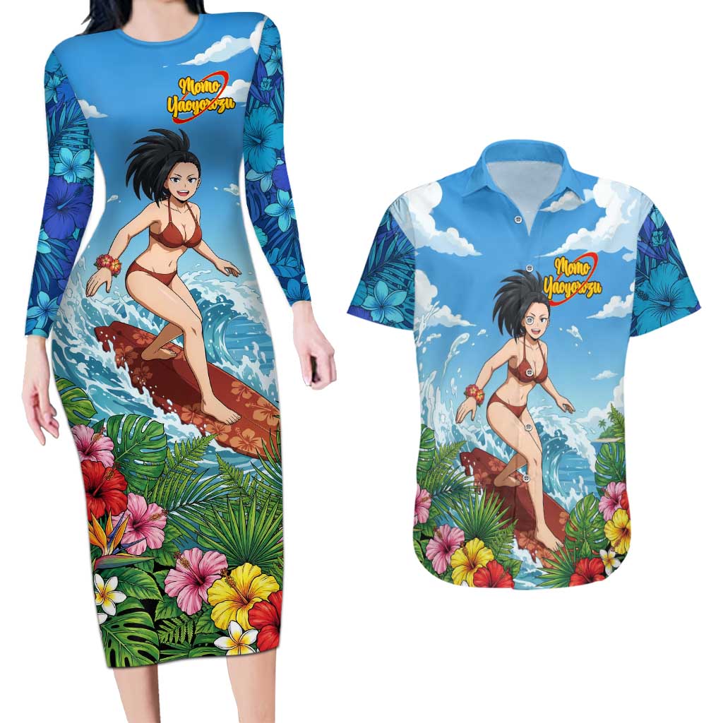 Momo Yaoyorozu Summer Chill Couples Matching Long Sleeve Bodycon Dress and Hawaiian Shirt Tropical Anime Surf Adventure