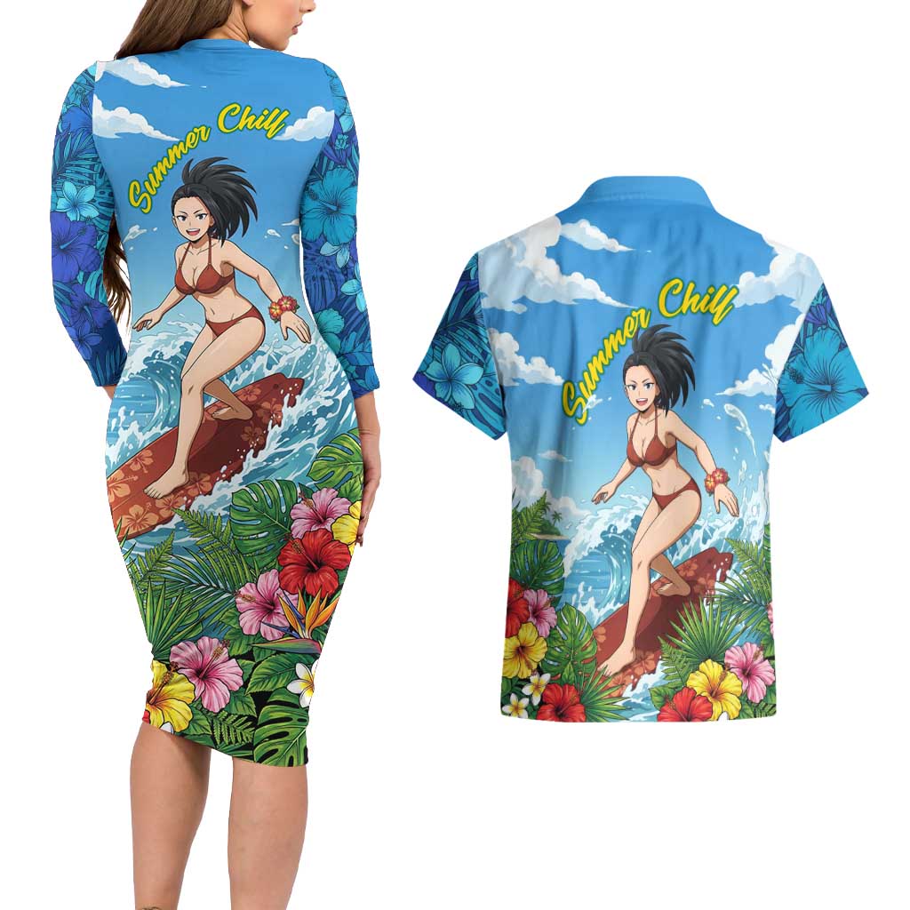Momo Yaoyorozu Summer Chill Couples Matching Long Sleeve Bodycon Dress and Hawaiian Shirt Tropical Anime Surf Adventure