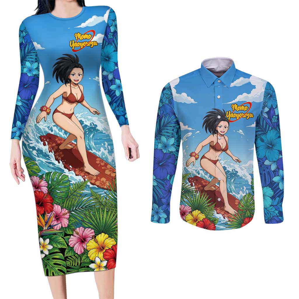 Momo Yaoyorozu Summer Chill Couples Matching Long Sleeve Bodycon Dress and Long Sleeve Button Shirt Tropical Anime Surf Adventure