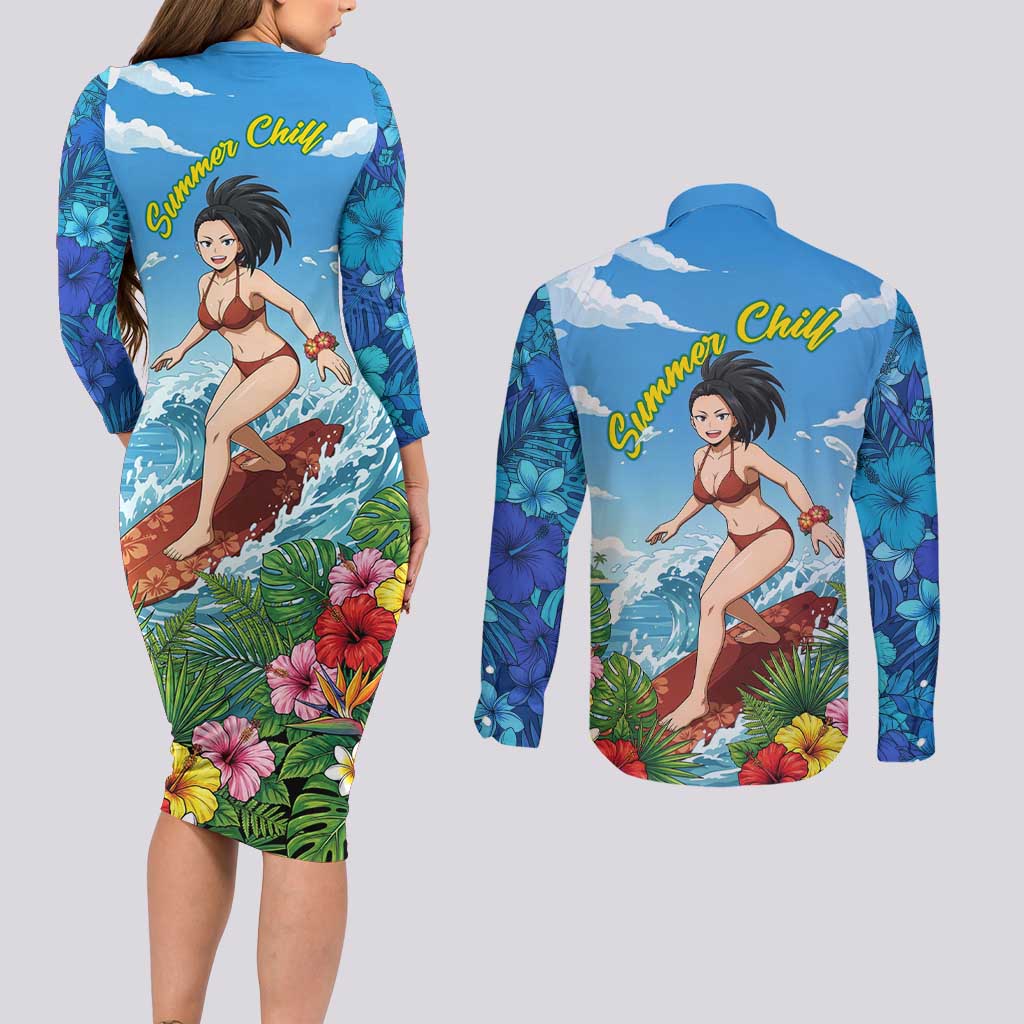 Momo Yaoyorozu Summer Chill Couples Matching Long Sleeve Bodycon Dress and Long Sleeve Button Shirt Tropical Anime Surf Adventure
