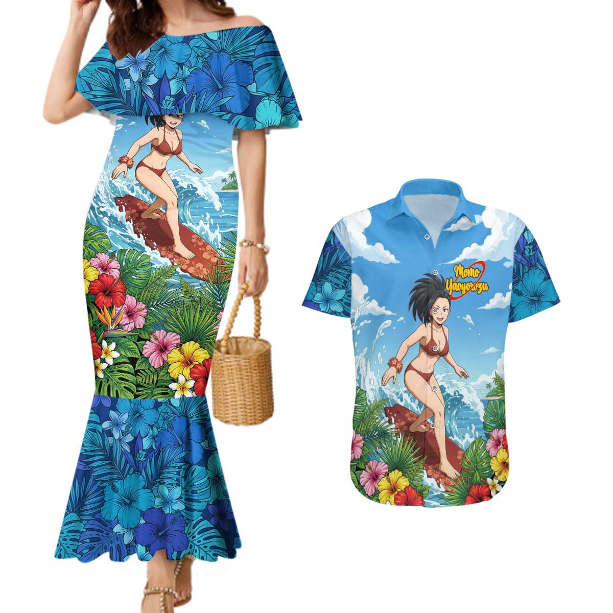 Momo Yaoyorozu Summer Chill Couples Matching Mermaid Dress and Hawaiian Shirt Tropical Anime Surf Adventure