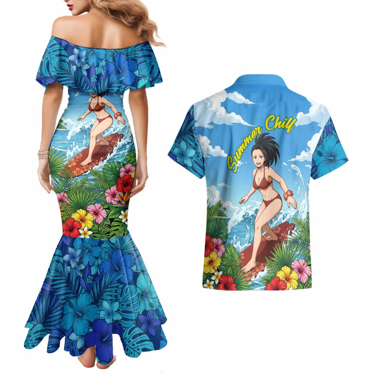 Momo Yaoyorozu Summer Chill Couples Matching Mermaid Dress and Hawaiian Shirt Tropical Anime Surf Adventure