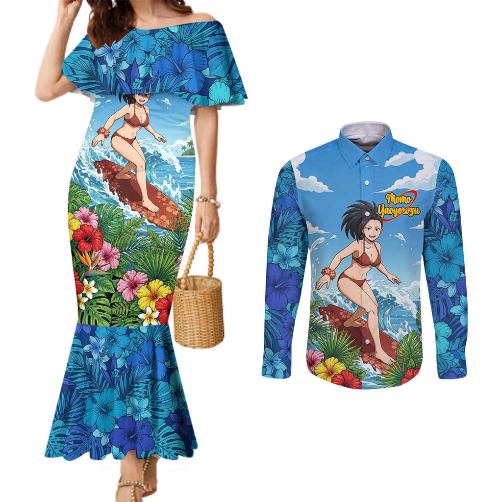 Momo Yaoyorozu Summer Chill Couples Matching Mermaid Dress and Long Sleeve Button Shirt Tropical Anime Surf Adventure