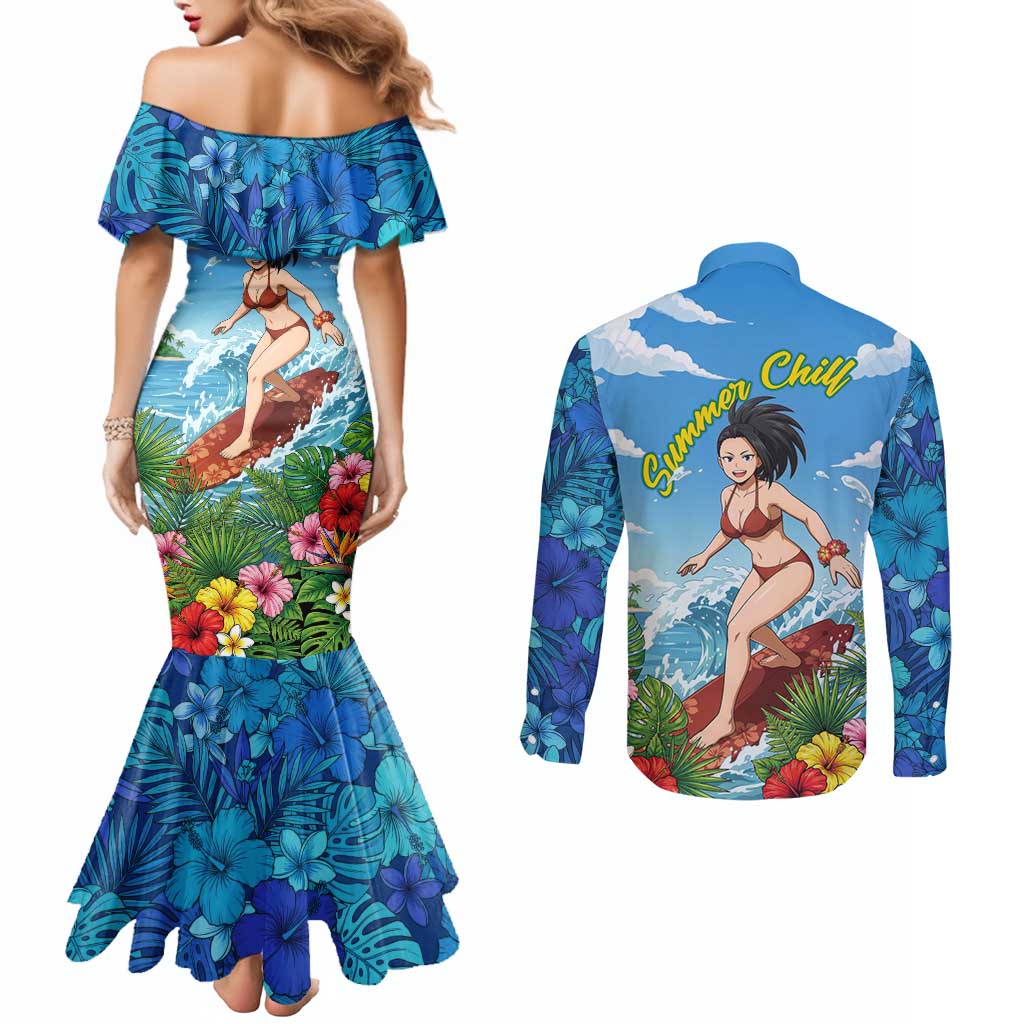 Momo Yaoyorozu Summer Chill Couples Matching Mermaid Dress and Long Sleeve Button Shirt Tropical Anime Surf Adventure