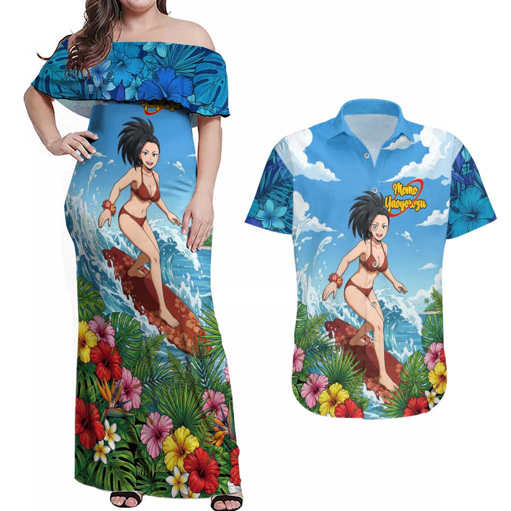 Momo Yaoyorozu Summer Chill Couples Matching Off Shoulder Maxi Dress and Hawaiian Shirt Tropical Anime Surf Adventure