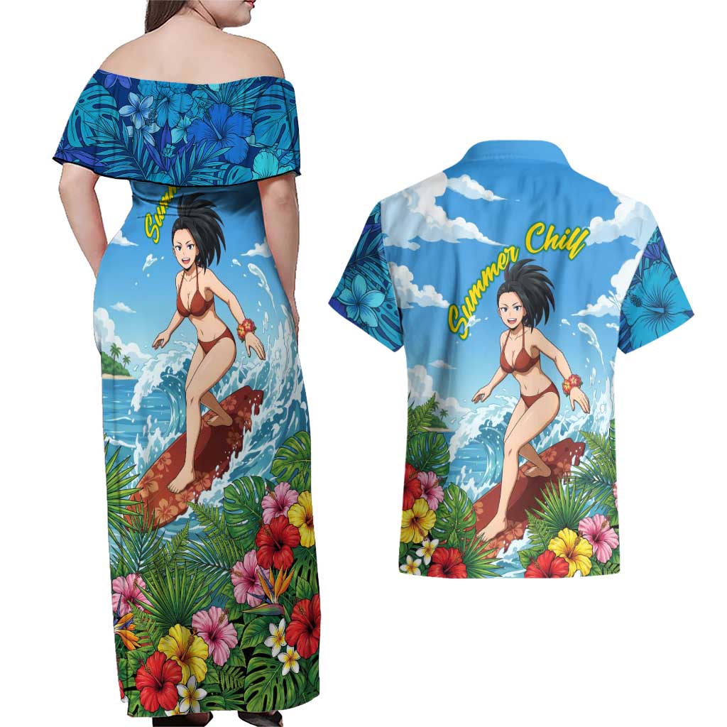 Momo Yaoyorozu Summer Chill Couples Matching Off Shoulder Maxi Dress and Hawaiian Shirt Tropical Anime Surf Adventure