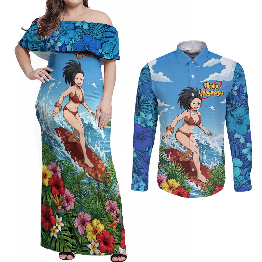 Momo Yaoyorozu Summer Chill Couples Matching Off Shoulder Maxi Dress and Long Sleeve Button Shirt Tropical Anime Surf Adventure