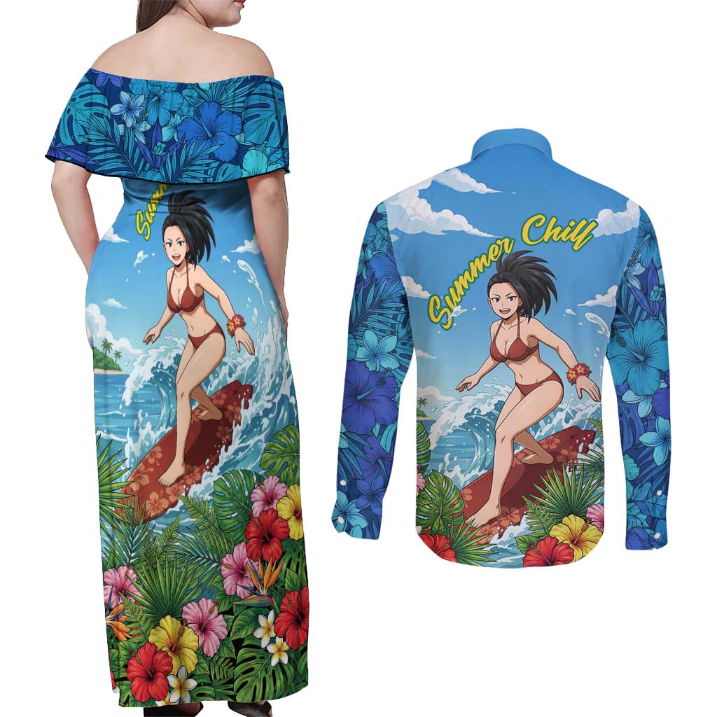 Momo Yaoyorozu Summer Chill Couples Matching Off Shoulder Maxi Dress and Long Sleeve Button Shirt Tropical Anime Surf Adventure