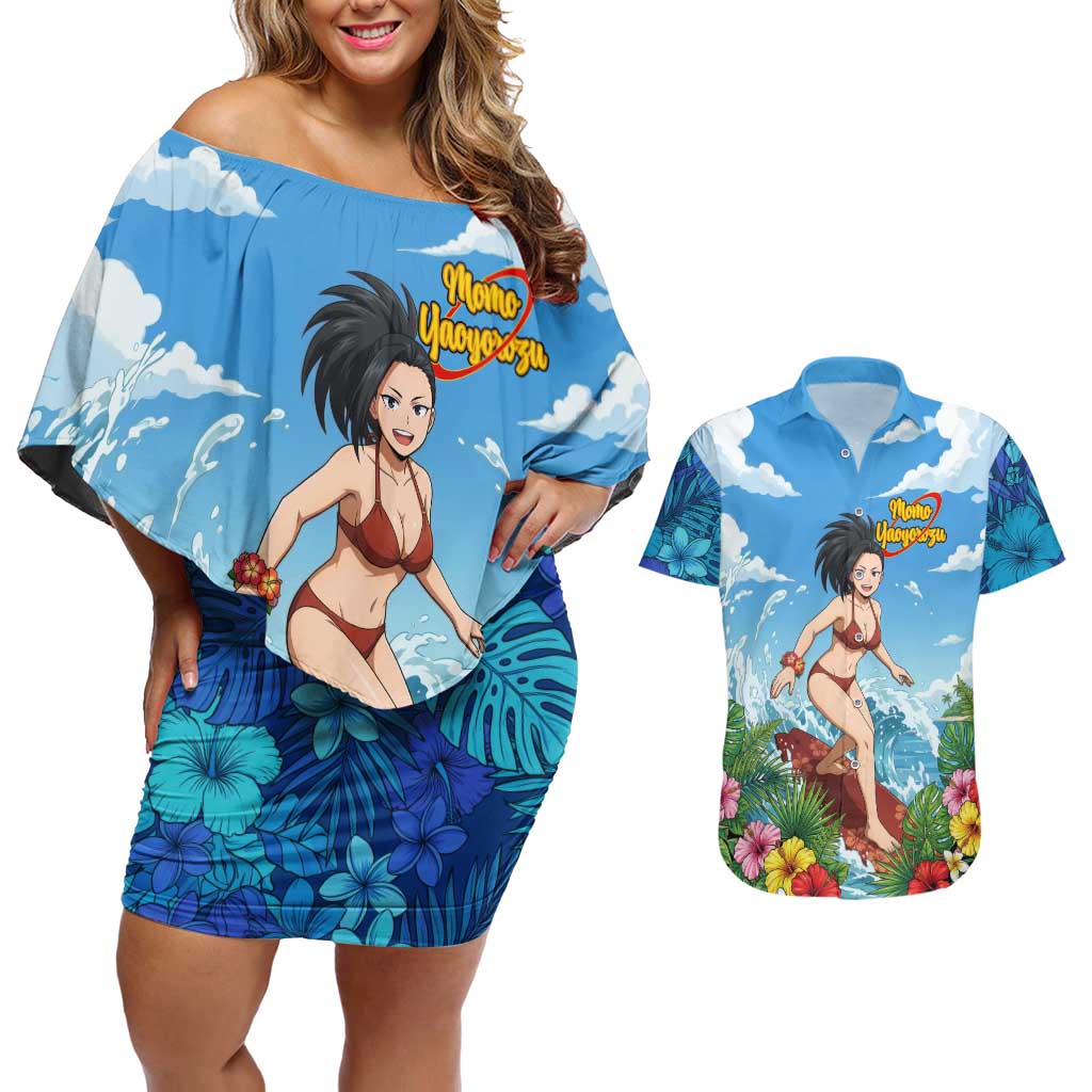 Momo Yaoyorozu Summer Chill Couples Matching Off Shoulder Short Dress and Hawaiian Shirt Tropical Anime Surf Adventure