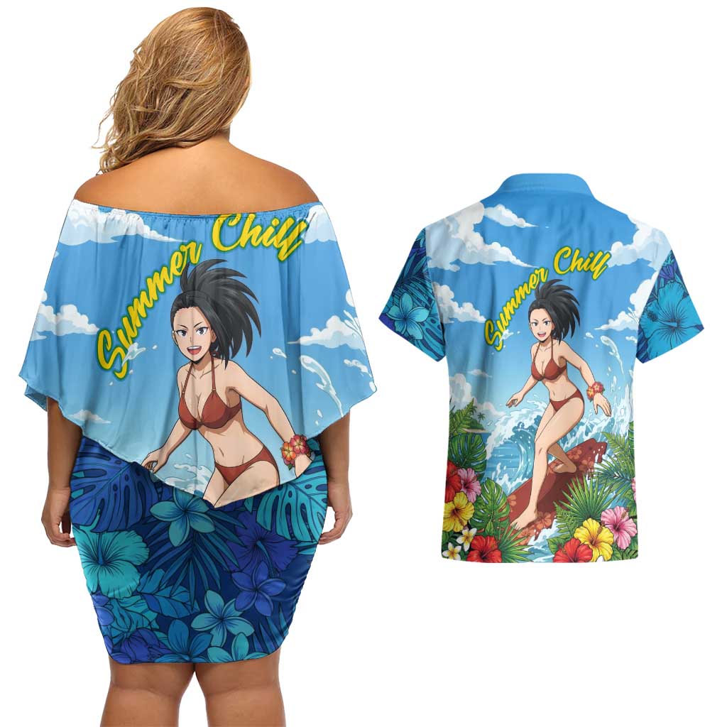 Momo Yaoyorozu Summer Chill Couples Matching Off Shoulder Short Dress and Hawaiian Shirt Tropical Anime Surf Adventure