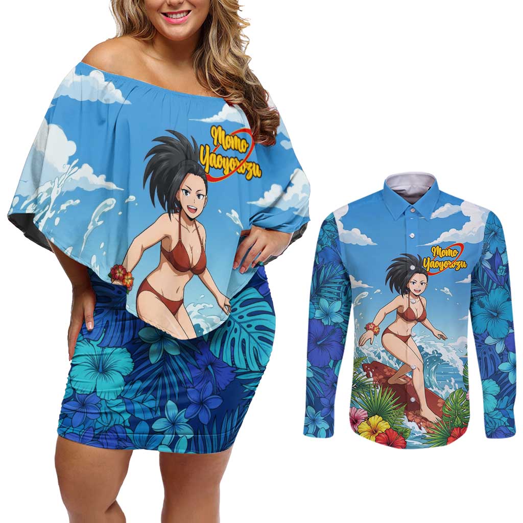 Momo Yaoyorozu Summer Chill Couples Matching Off Shoulder Short Dress and Long Sleeve Button Shirt Tropical Anime Surf Adventure