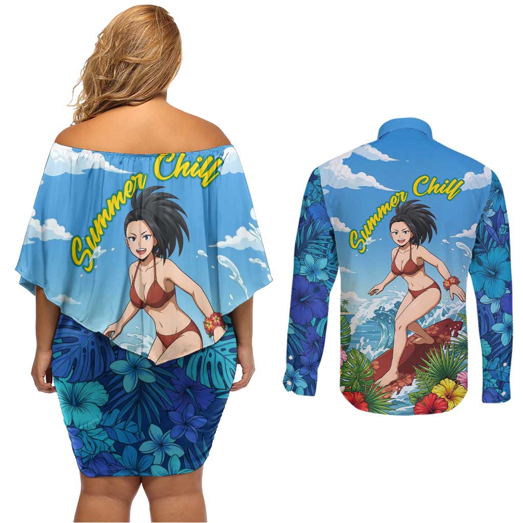 Momo Yaoyorozu Summer Chill Couples Matching Off Shoulder Short Dress and Long Sleeve Button Shirt Tropical Anime Surf Adventure
