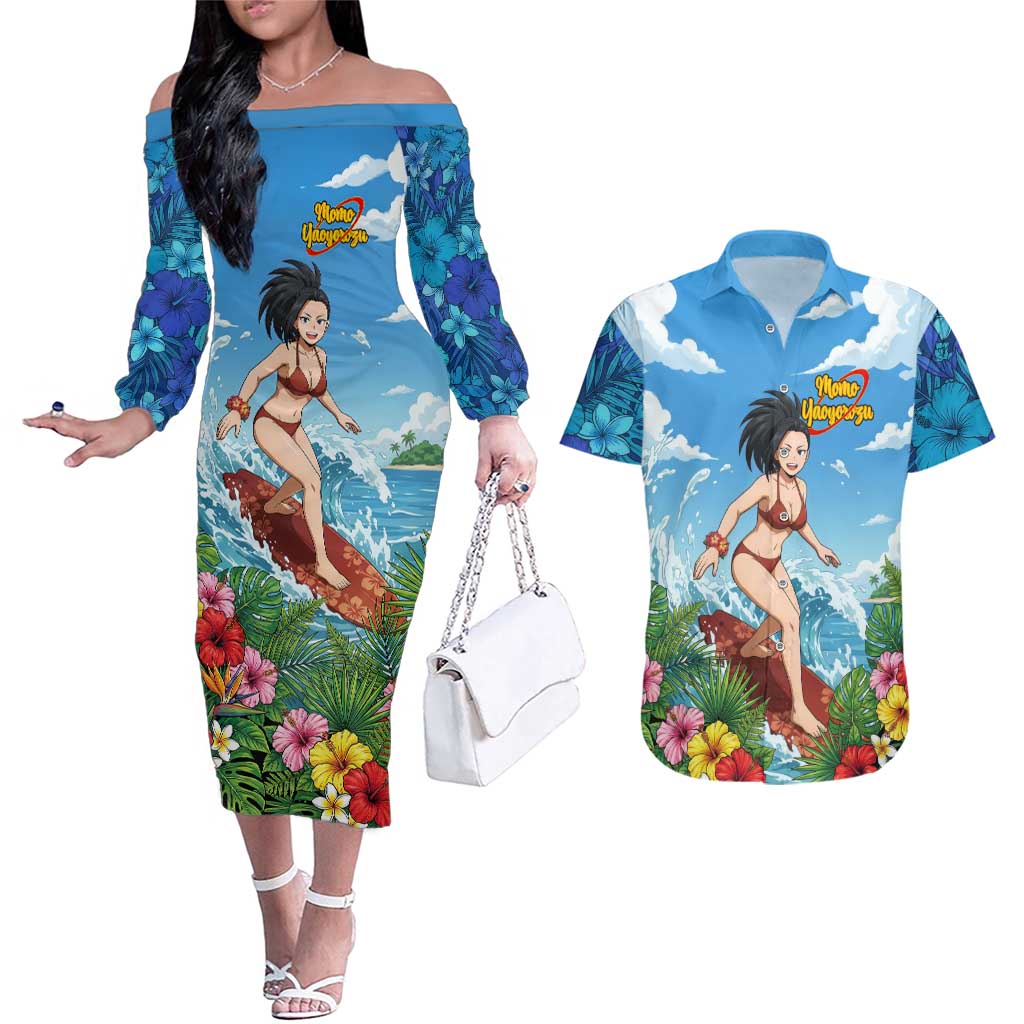 Momo Yaoyorozu Summer Chill Couples Matching Off The Shoulder Long Sleeve Dress and Hawaiian Shirt Tropical Anime Surf Adventure