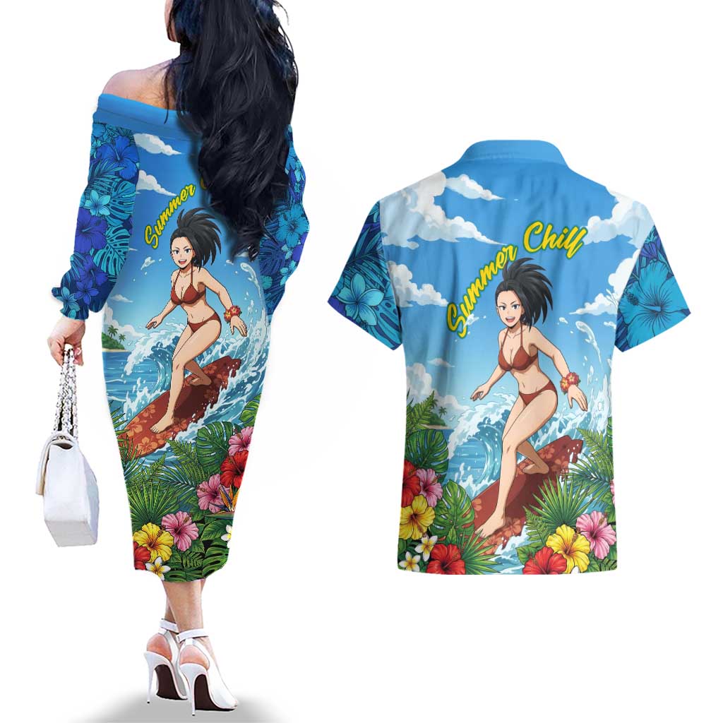 Momo Yaoyorozu Summer Chill Couples Matching Off The Shoulder Long Sleeve Dress and Hawaiian Shirt Tropical Anime Surf Adventure