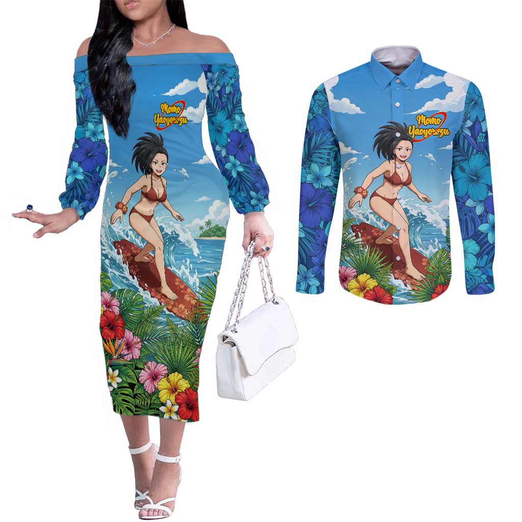 Momo Yaoyorozu Summer Chill Couples Matching Off The Shoulder Long Sleeve Dress and Long Sleeve Button Shirt Tropical Anime Surf Adventure