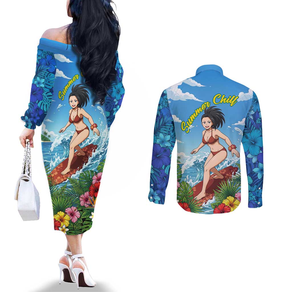 Momo Yaoyorozu Summer Chill Couples Matching Off The Shoulder Long Sleeve Dress and Long Sleeve Button Shirt Tropical Anime Surf Adventure
