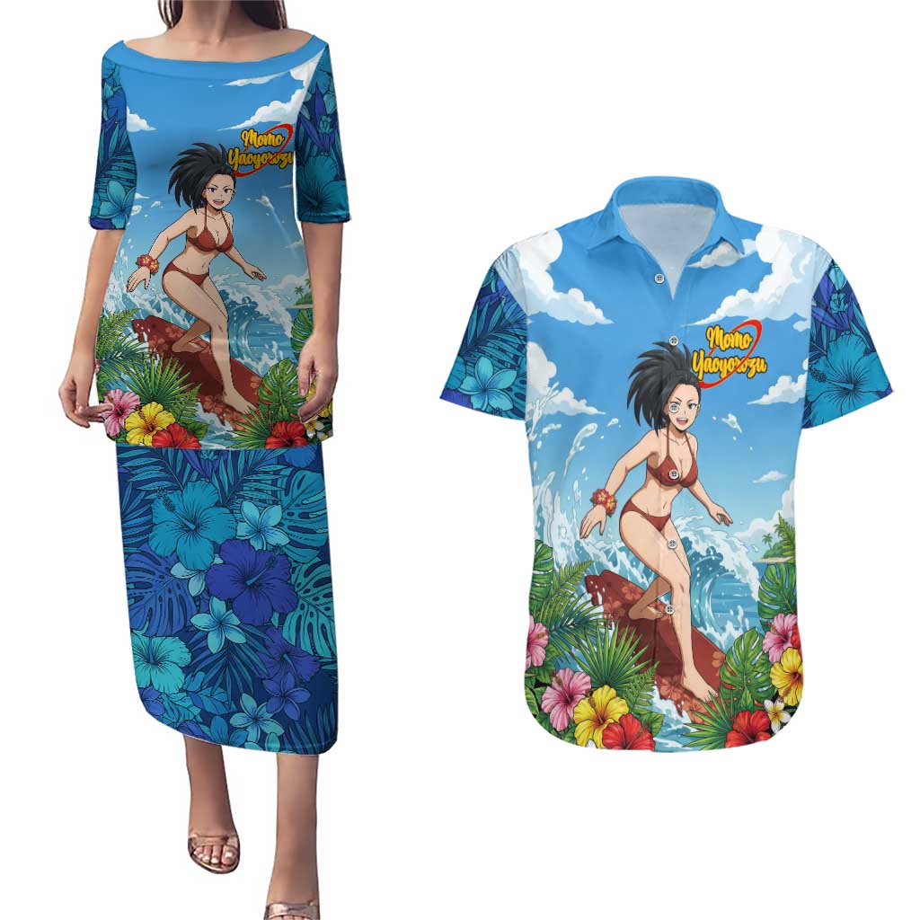Momo Yaoyorozu Summer Chill Couples Matching Puletasi and Hawaiian Shirt Tropical Anime Surf Adventure