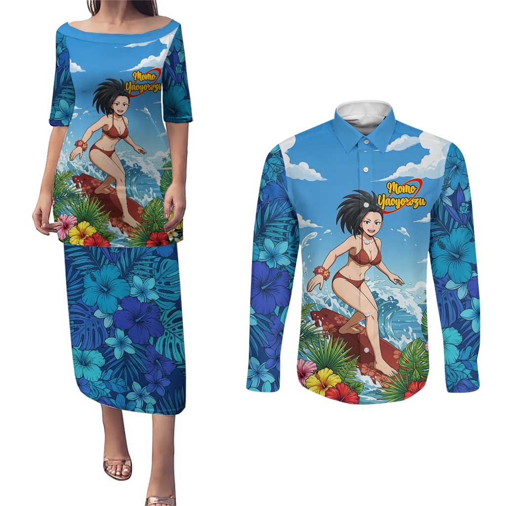 Momo Yaoyorozu Summer Chill Couples Matching Puletasi and Long Sleeve Button Shirt Tropical Anime Surf Adventure