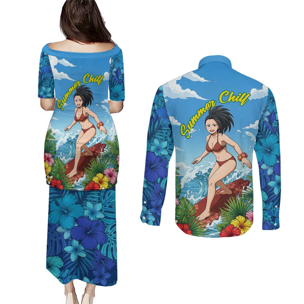 Momo Yaoyorozu Summer Chill Couples Matching Puletasi and Long Sleeve Button Shirt Tropical Anime Surf Adventure