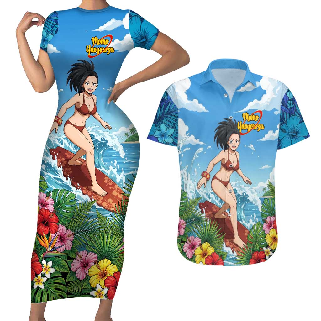 Momo Yaoyorozu Summer Chill Couples Matching Short Sleeve Bodycon Dress and Hawaiian Shirt Tropical Anime Surf Adventure