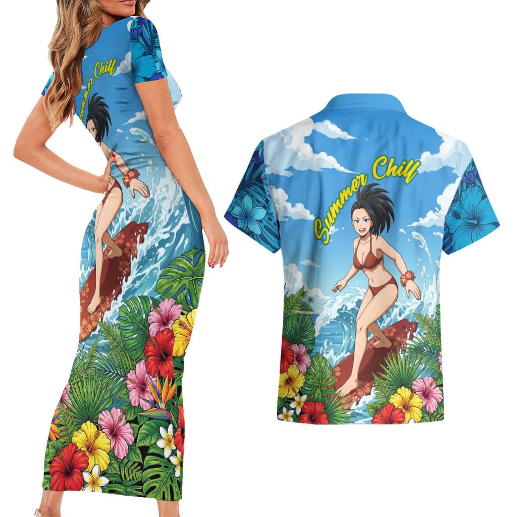 Momo Yaoyorozu Summer Chill Couples Matching Short Sleeve Bodycon Dress and Hawaiian Shirt Tropical Anime Surf Adventure