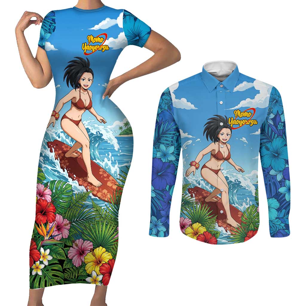 Momo Yaoyorozu Summer Chill Couples Matching Short Sleeve Bodycon Dress and Long Sleeve Button Shirt Tropical Anime Surf Adventure