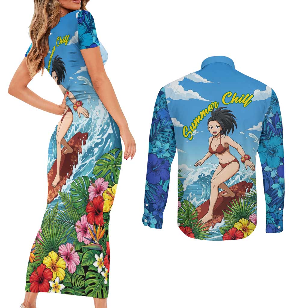 Momo Yaoyorozu Summer Chill Couples Matching Short Sleeve Bodycon Dress and Long Sleeve Button Shirt Tropical Anime Surf Adventure