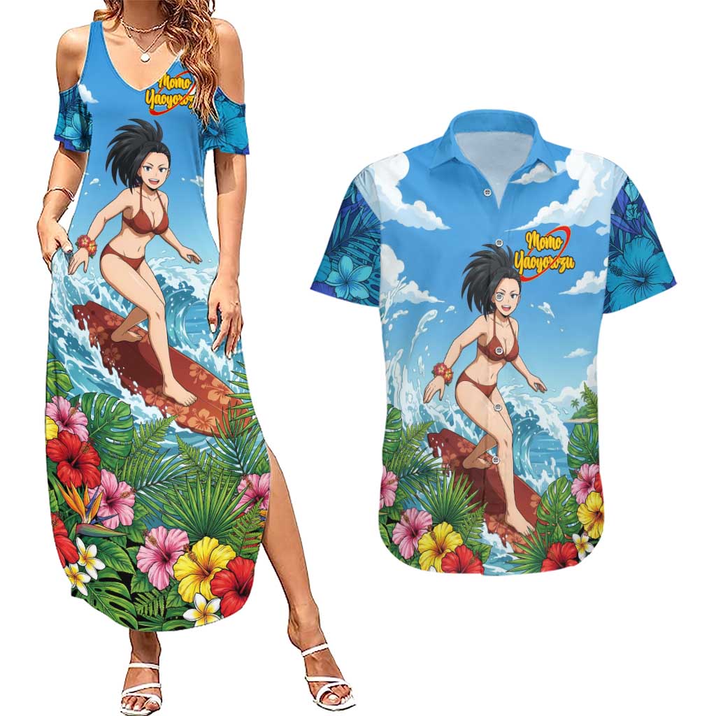 Momo Yaoyorozu Summer Chill Couples Matching Summer Maxi Dress and Hawaiian Shirt Tropical Anime Surf Adventure