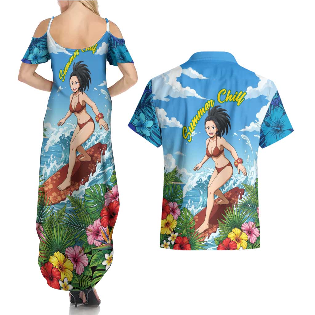 Momo Yaoyorozu Summer Chill Couples Matching Summer Maxi Dress and Hawaiian Shirt Tropical Anime Surf Adventure