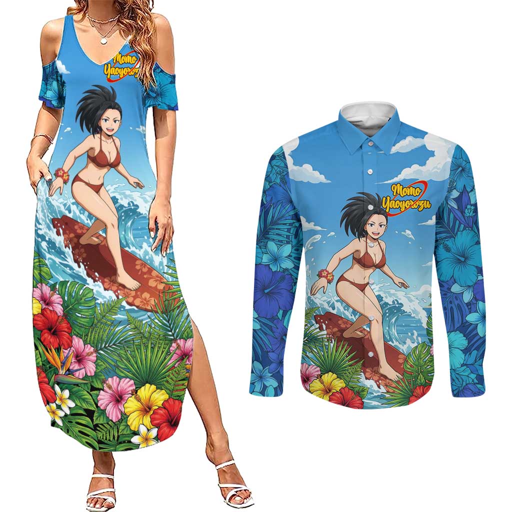 Momo Yaoyorozu Summer Chill Couples Matching Summer Maxi Dress and Long Sleeve Button Shirt Tropical Anime Surf Adventure