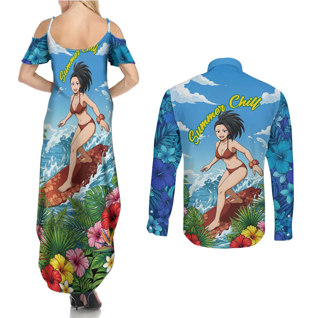 Momo Yaoyorozu Summer Chill Couples Matching Summer Maxi Dress and Long Sleeve Button Shirt Tropical Anime Surf Adventure