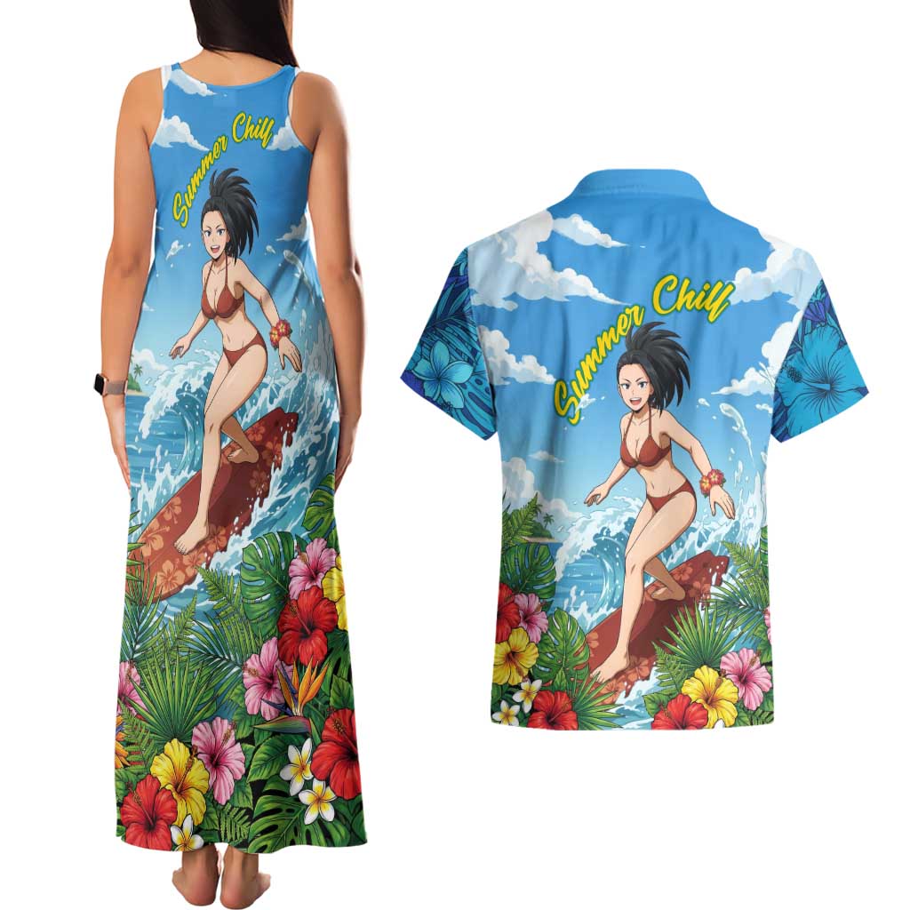 Momo Yaoyorozu Summer Chill Couples Matching Tank Maxi Dress and Hawaiian Shirt Tropical Anime Surf Adventure
