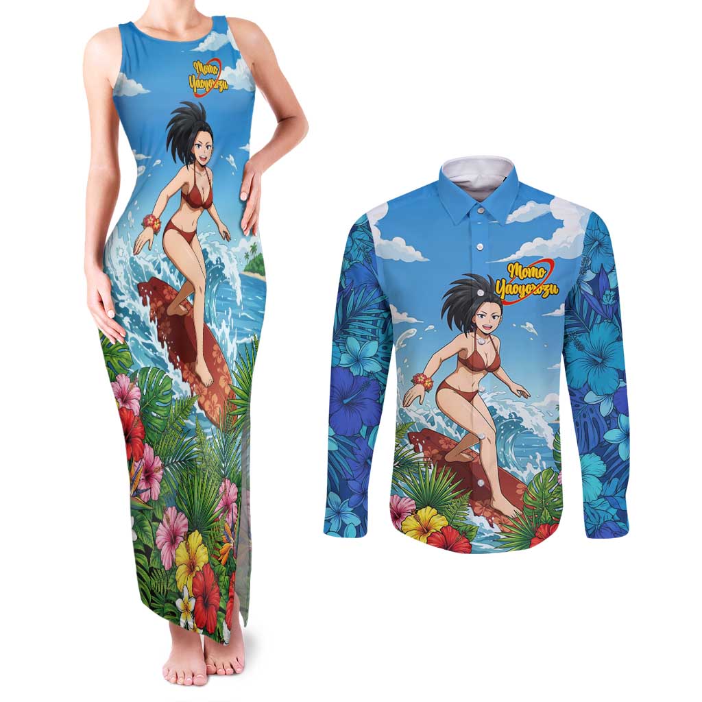 Momo Yaoyorozu Summer Chill Couples Matching Tank Maxi Dress and Long Sleeve Button Shirt Tropical Anime Surf Adventure