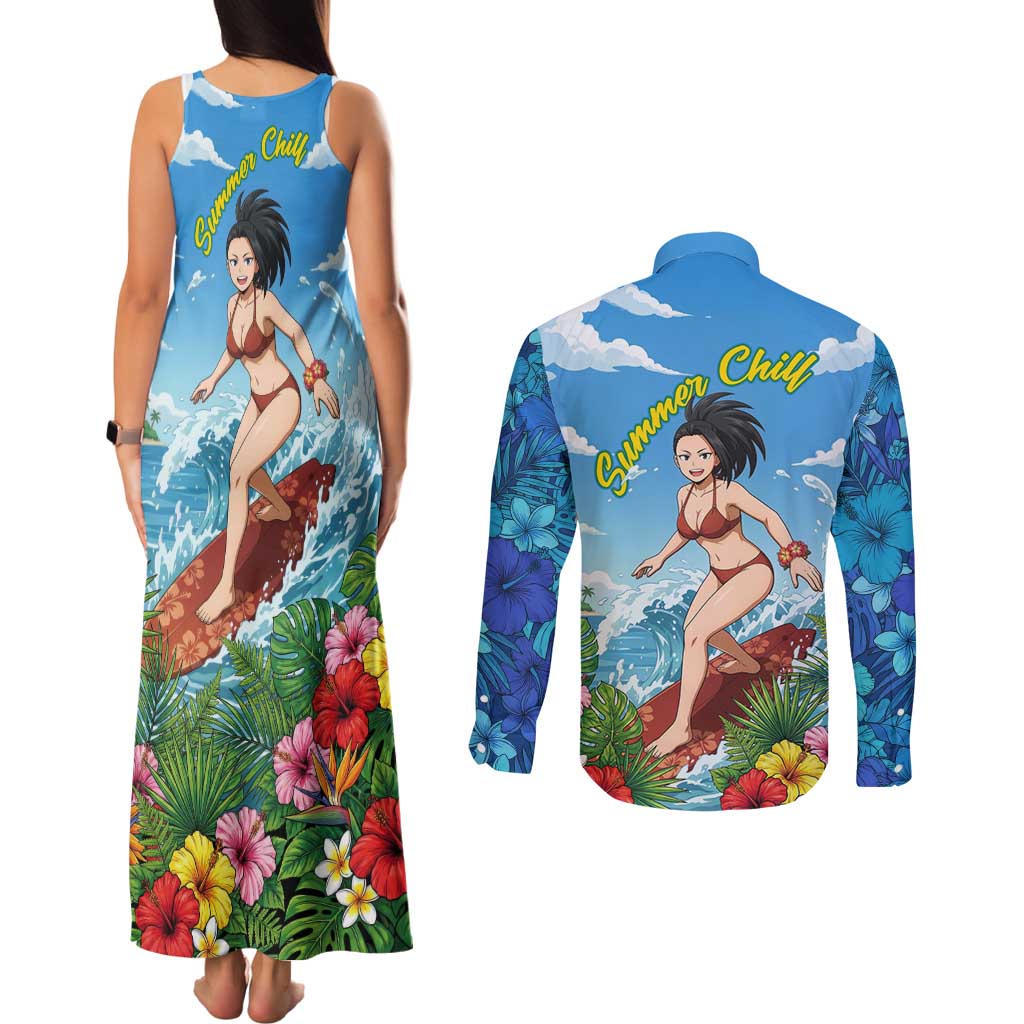 Momo Yaoyorozu Summer Chill Couples Matching Tank Maxi Dress and Long Sleeve Button Shirt Tropical Anime Surf Adventure