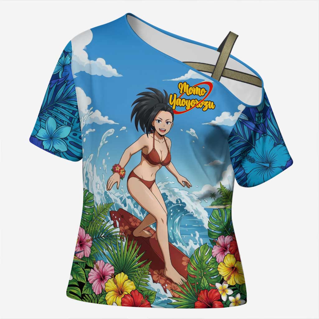 Momo Yaoyorozu Summer Chill Cross Shoulder Shirt Tropical Anime Surf Adventure