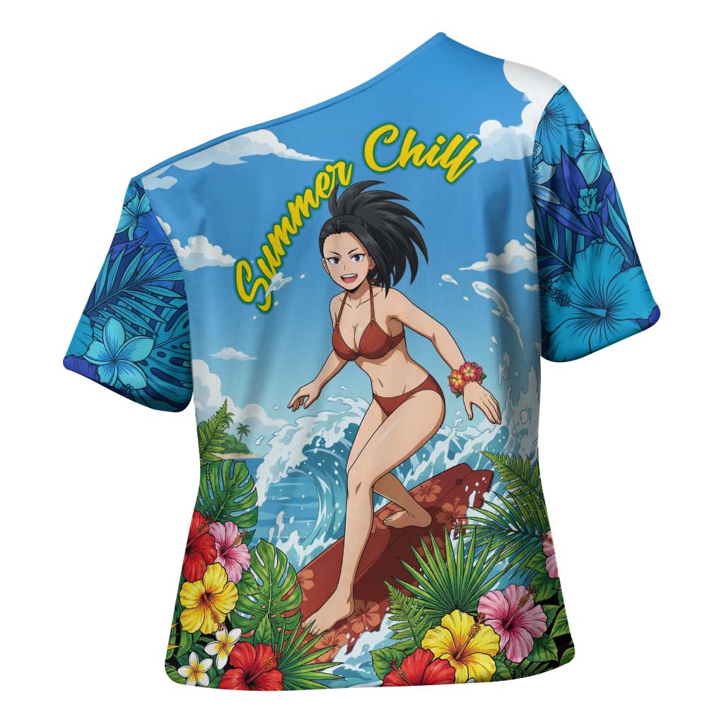 Momo Yaoyorozu Summer Chill Cross Shoulder Shirt Tropical Anime Surf Adventure
