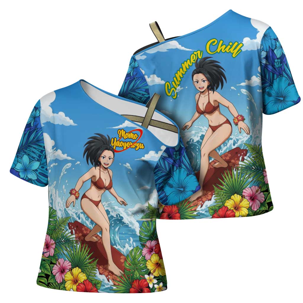 Momo Yaoyorozu Summer Chill Cross Shoulder Shirt Tropical Anime Surf Adventure
