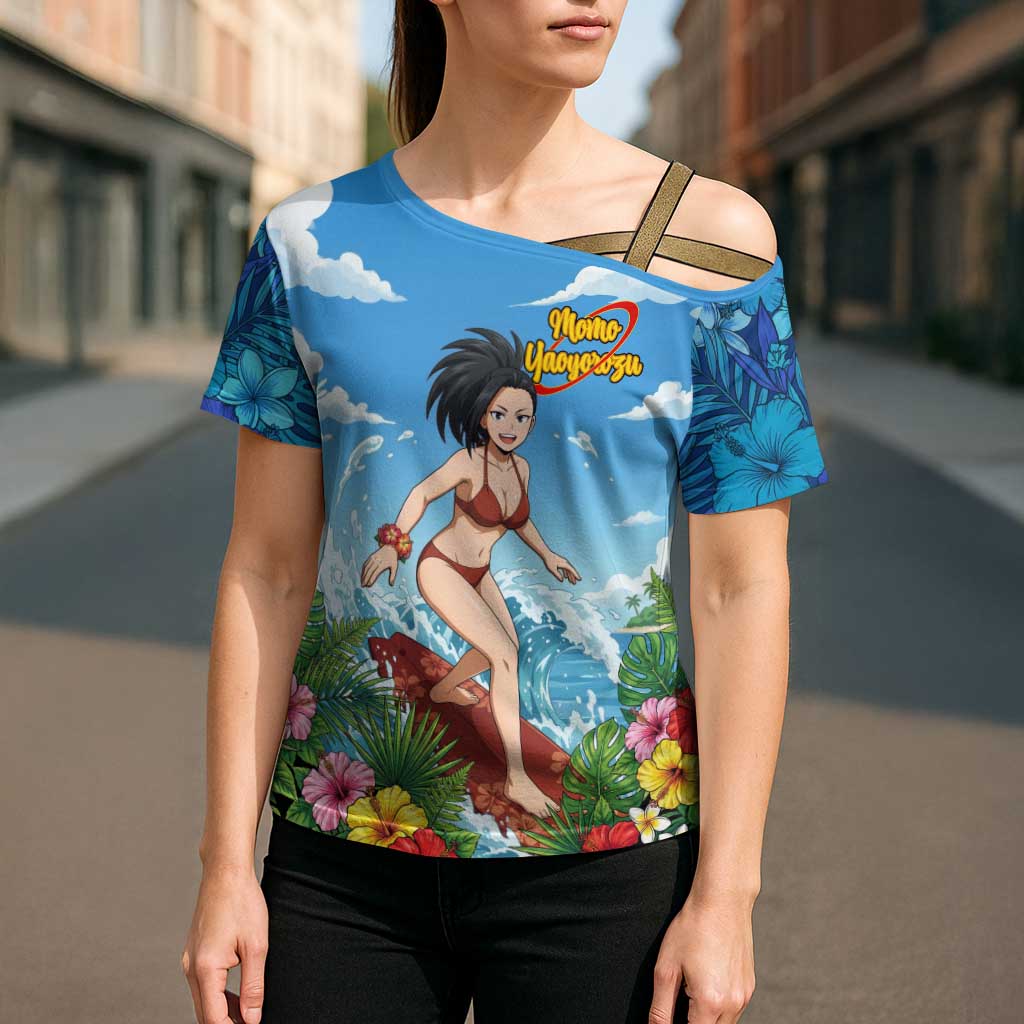 Momo Yaoyorozu Summer Chill Cross Shoulder Shirt Tropical Anime Surf Adventure