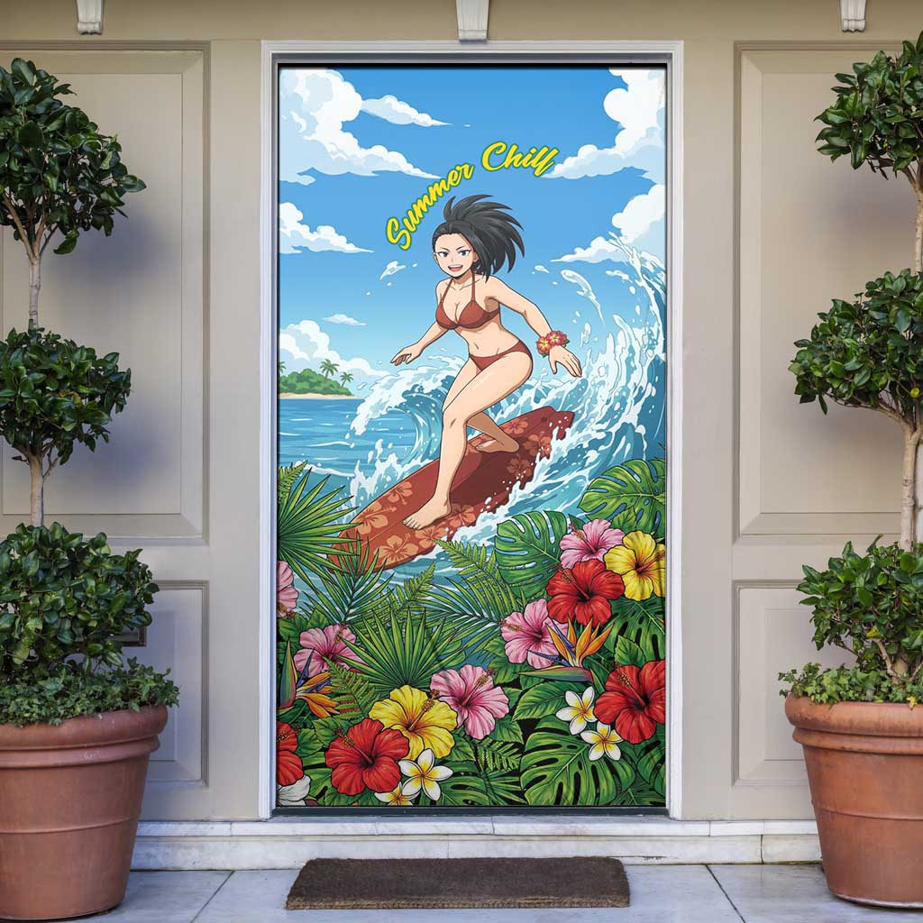 Momo Yaoyorozu Summer Chill Door Cover Tropical Anime Surf Adventure