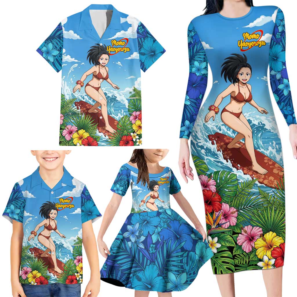 Momo Yaoyorozu Summer Chill Family Matching Long Sleeve Bodycon Dress and Hawaiian Shirt Tropical Anime Surf Adventure